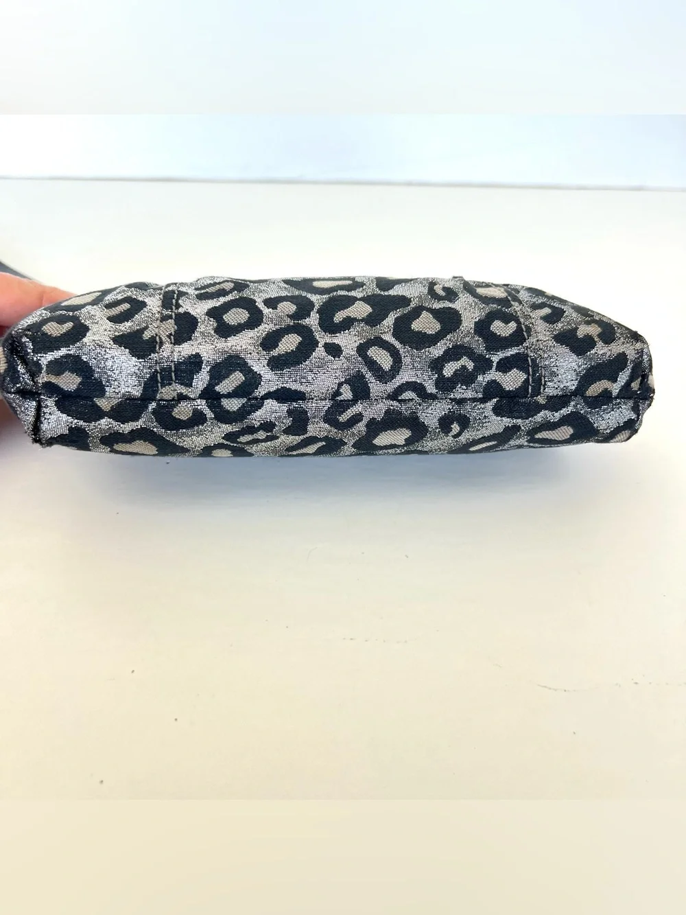 COACH Taupe Patent Leather Black Silver Leopard Print Zipper Clutch Wristlet